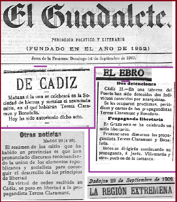 Teresa Claramunt en Cdiz. 1902. Revista de Prensa: Conferencias y detenciones.