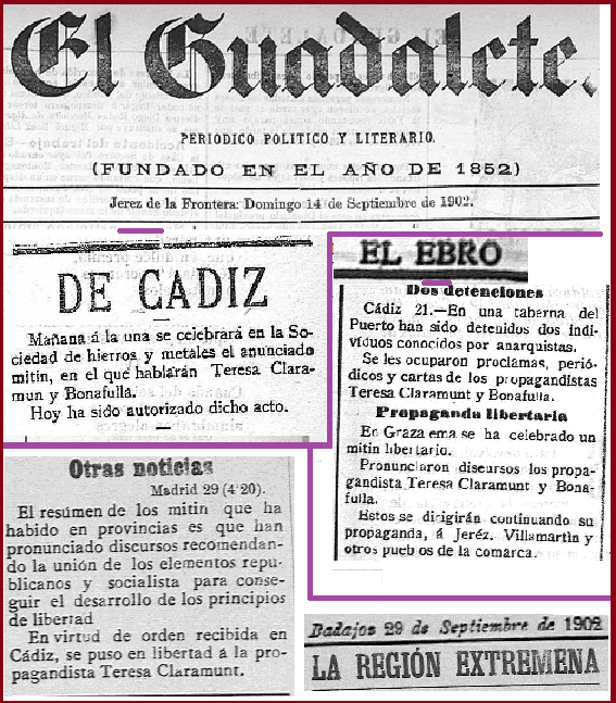 Teresa Claramunt en Cádiz. 1902 Teresa Claramunt en Cádiz. 1902. Revista de Prensa: Conferencias y detenciones.